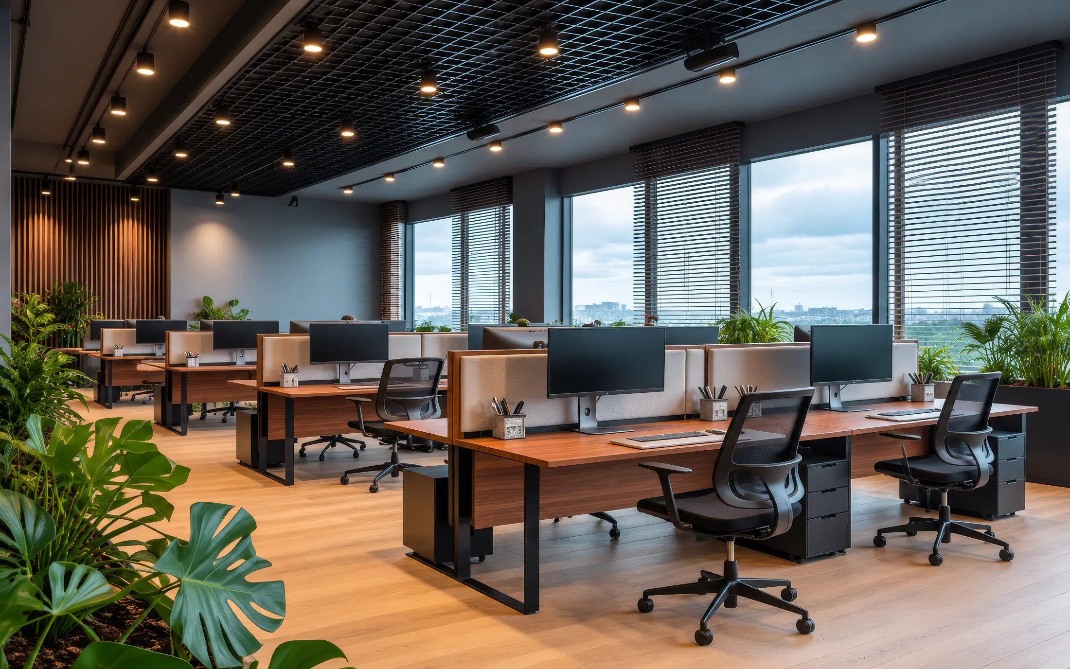 Oficina moderna con puestos de trabajo y plantas, equipo de una agencia que colabora con un freelance