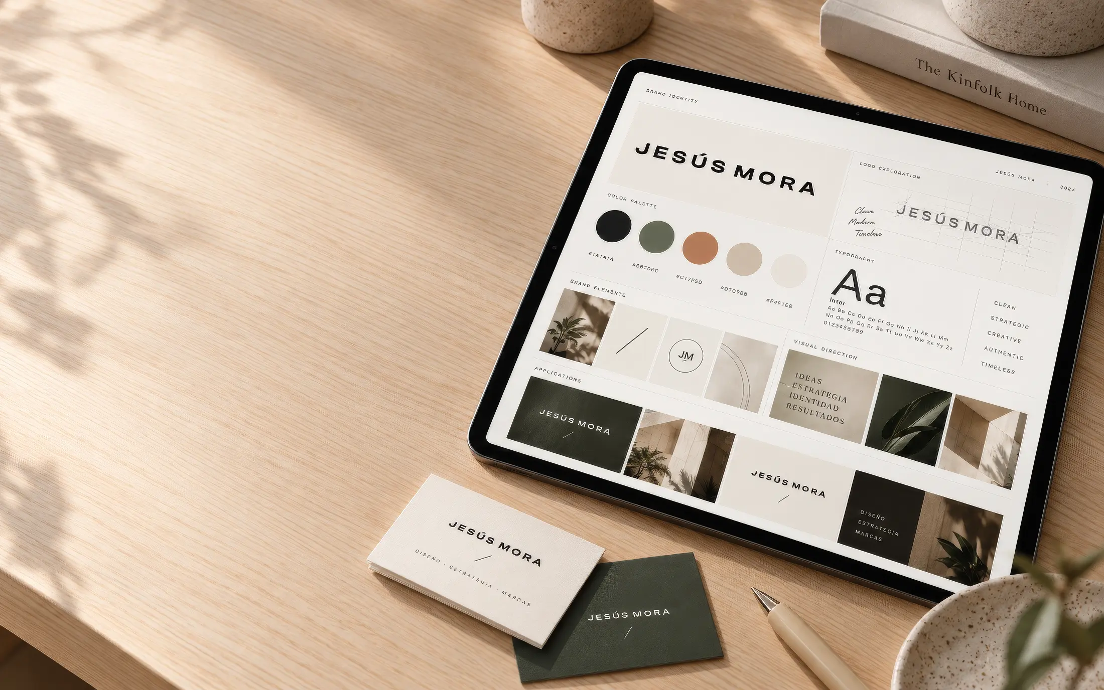 Tablet con una guía de identidad de marca y tarjetas de visita sobre una mesa de madera