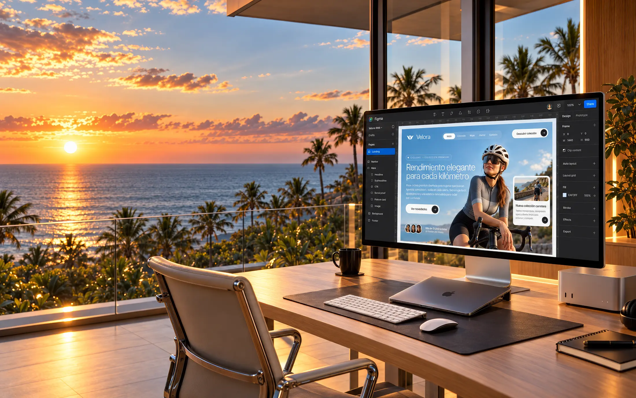 Escritorio de diseñador web con monitor mostrando un diseño web, frente al mar al atardecer