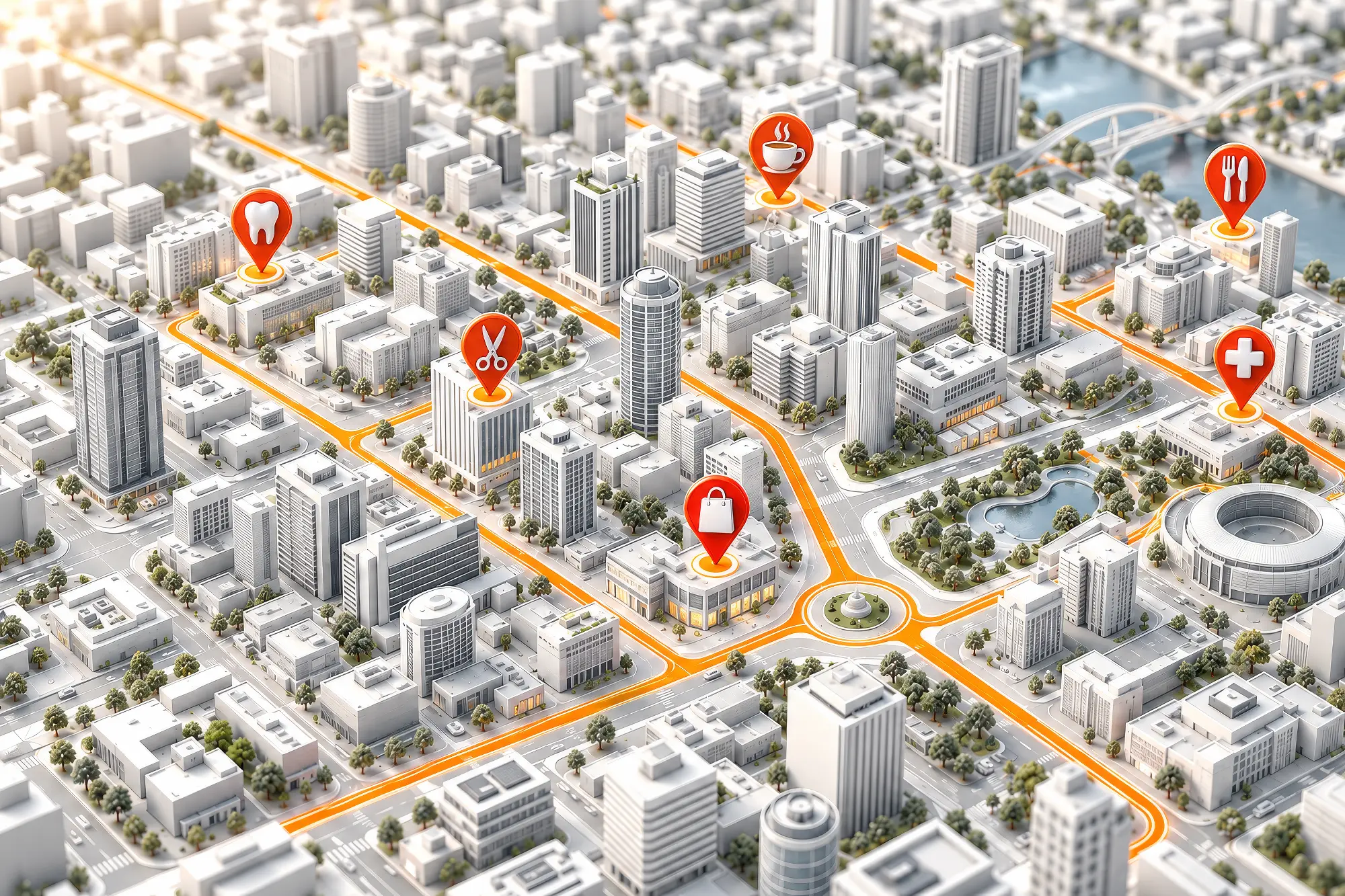 Mapa 3D de una ciudad con marcadores de negocios locales: clínica, peluquería, restaurante y tienda