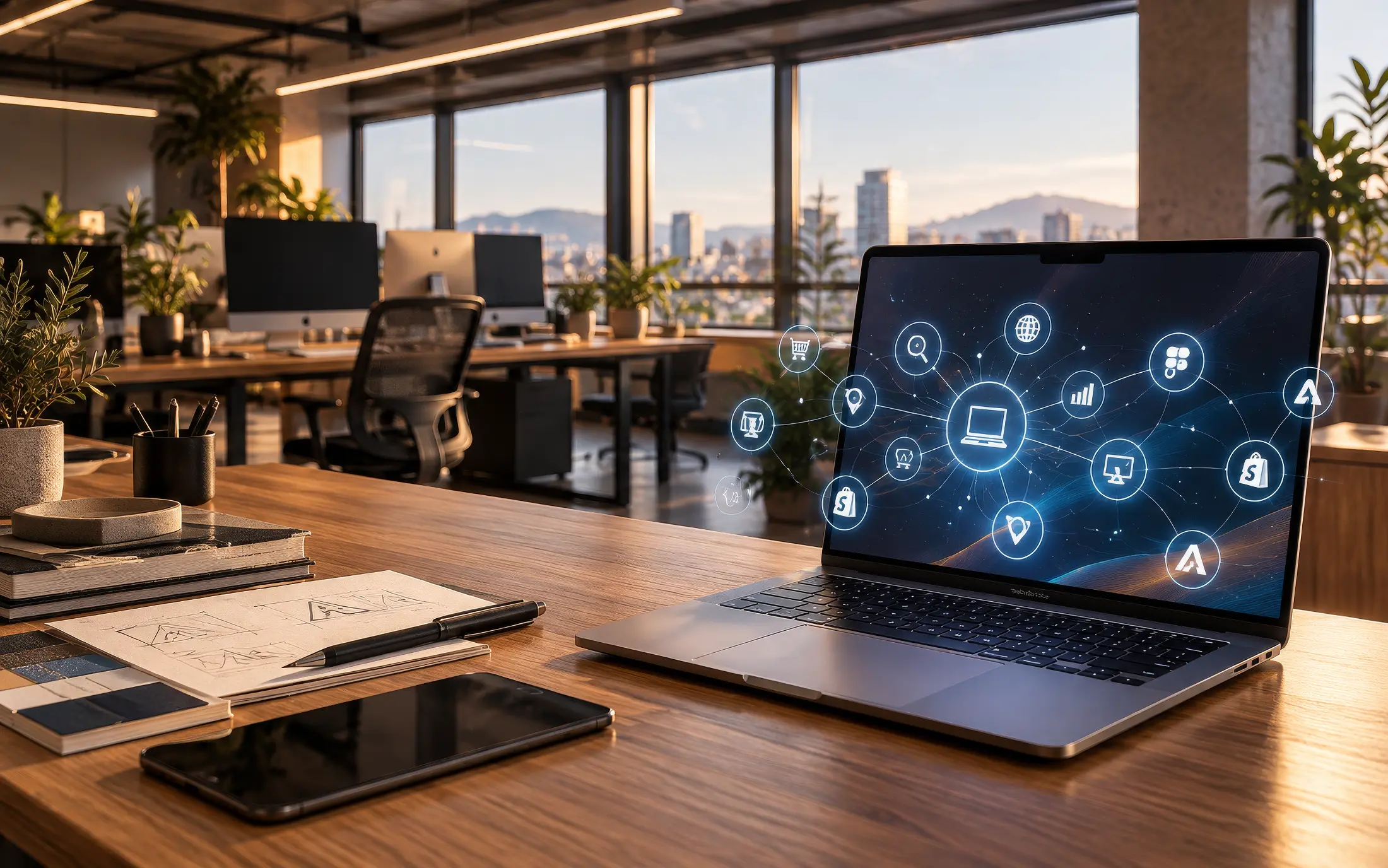 Portátil con iconos de marketing digital, SEO y comercio electrónico sobre un escritorio de oficina