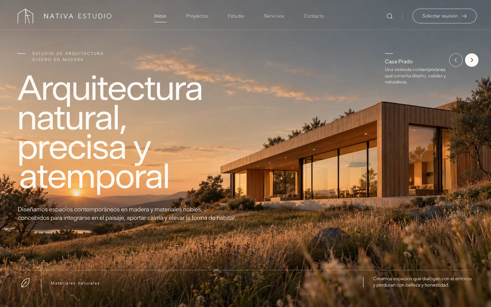 Diseño web para estudio de arquitectura con vivienda integrada en la naturaleza al atardecer | Jesusmora.es