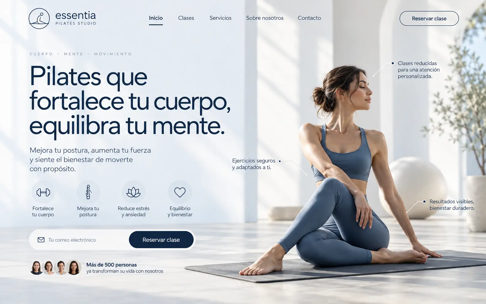 Diseño web para estudio de pilates con clases de fuerza y equilibrio | Jesusmora.es